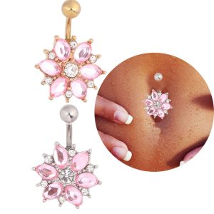 Stainless Steel Diamond Sunflower Navel Ring Belly Button Piercing Jewelry Gold Pink
