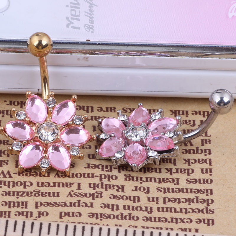 Stainless Steel Diamond Sunflower Navel Ring Belly Button Piercing Jewelry Gold Pink - Image 3