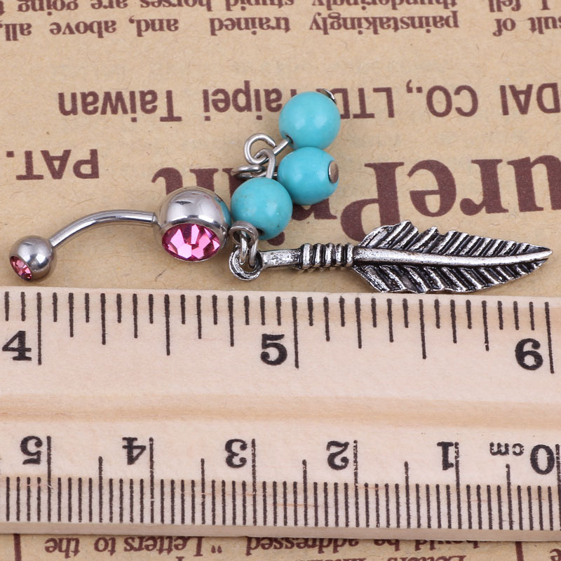 Leaf Turquoise Navel Ring 316L Surgical Steel Belly Button Jewelry Dangle Leaf Shape Blue Stone - Image 4