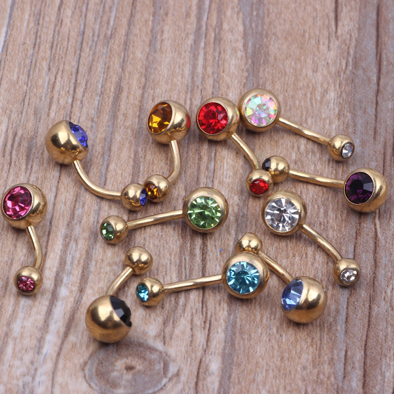 Electroplated Gold Double Diamond Navel Ring with Czech Diamond Crystal 14G Belly Button Ring for Women - Image 4