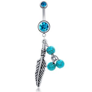 Leaf Turquoise Navel Ring 316L Surgical Steel Belly Button Jewelry Dangle Leaf Shape Blue Stone