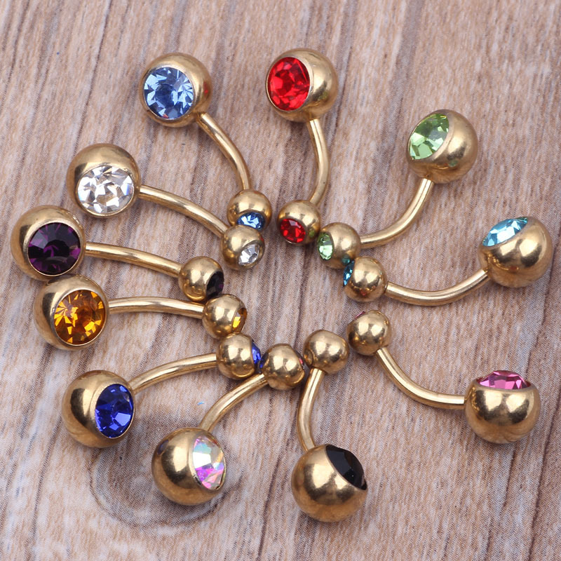 Electroplated Gold Double Diamond Navel Ring with Czech Diamond Crystal 14G Belly Button Ring for Women - Image 5