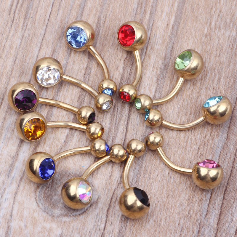 Electroplated Gold Double Diamond Navel Ring with Czech Diamond Crystal 14G Belly Button Ring for Women - Image 3