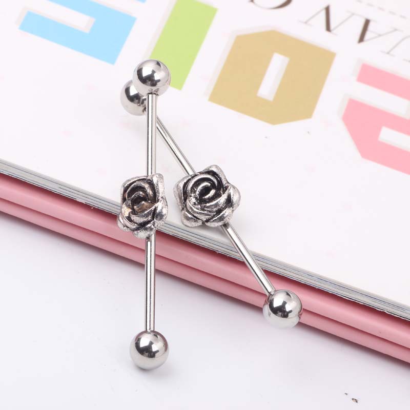 Vintage Flower Long Rod Industrial Ear Studs 316L Surgical Steel Piercing Jewelry Unisex - Image 3