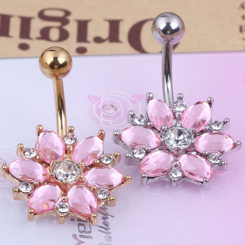 Stainless Steel Diamond Sunflower Navel Ring Belly Button Piercing Jewelry Gold Pink - Image 2