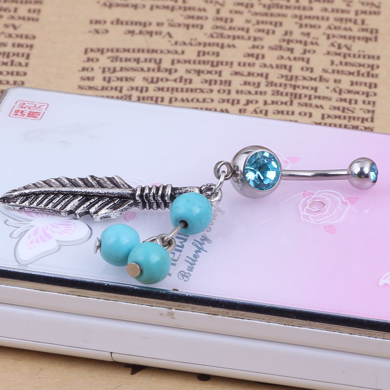 Leaf Turquoise Navel Ring 316L Surgical Steel Belly Button Jewelry Dangle Leaf Shape Blue Stone - Image 3