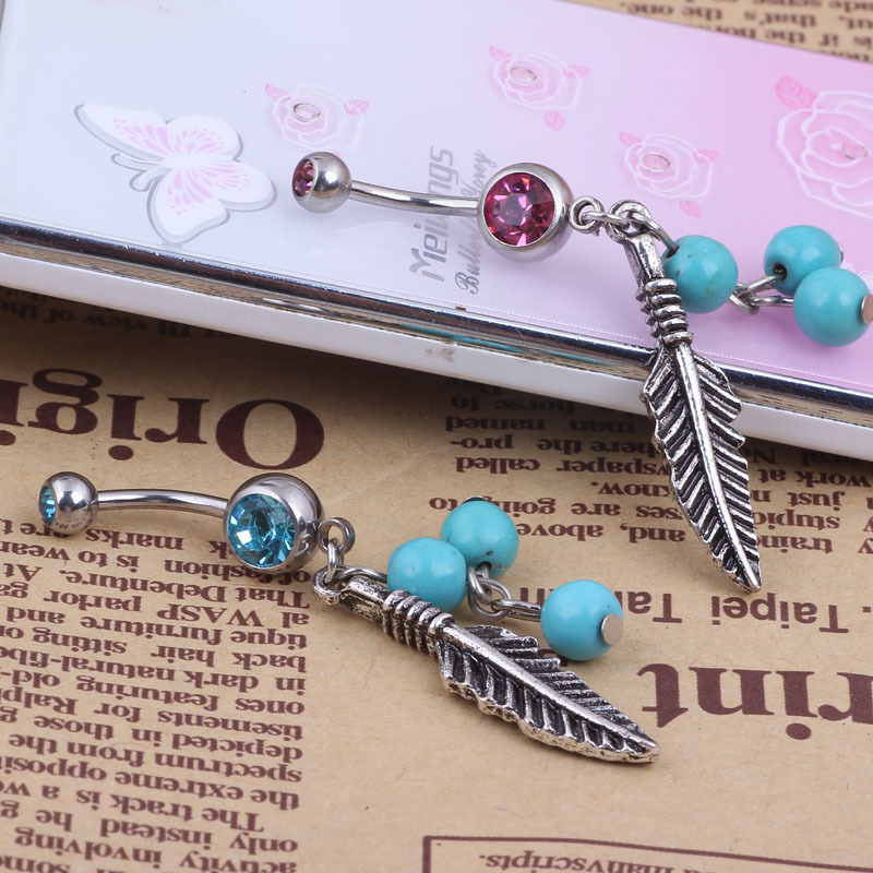 Leaf Turquoise Navel Ring 316L Surgical Steel Belly Button Jewelry Dangle Leaf Shape Blue Stone - Image 5