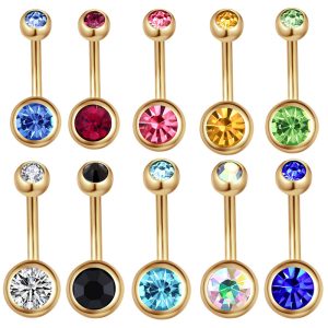 Electroplated Gold Double Diamond Navel Ring with Czech Diamond Crystal 14G Belly Button Ring for Women