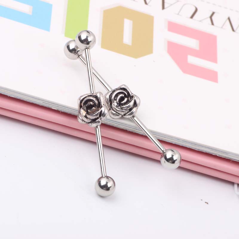 Vintage Flower Long Rod Industrial Ear Studs 316L Surgical Steel Piercing Jewelry Unisex - Image 4