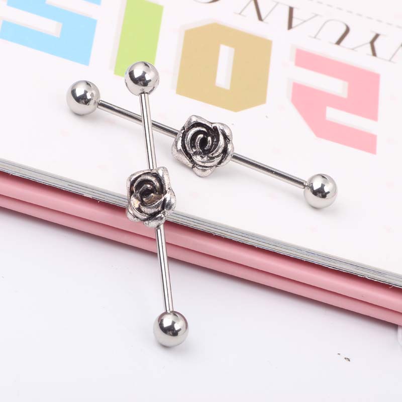 Vintage Flower Long Rod Industrial Ear Studs 316L Surgical Steel Piercing Jewelry Unisex - Image 2