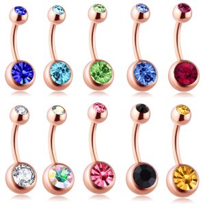 Rose Gold Double Diamond Belly Button Ring Stainless Steel Umbilical Piercing Jewelry