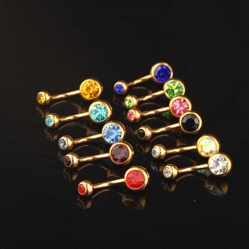 Rose Gold Double Diamond Belly Button Ring Stainless Steel Umbilical Piercing Jewelry - Image 3