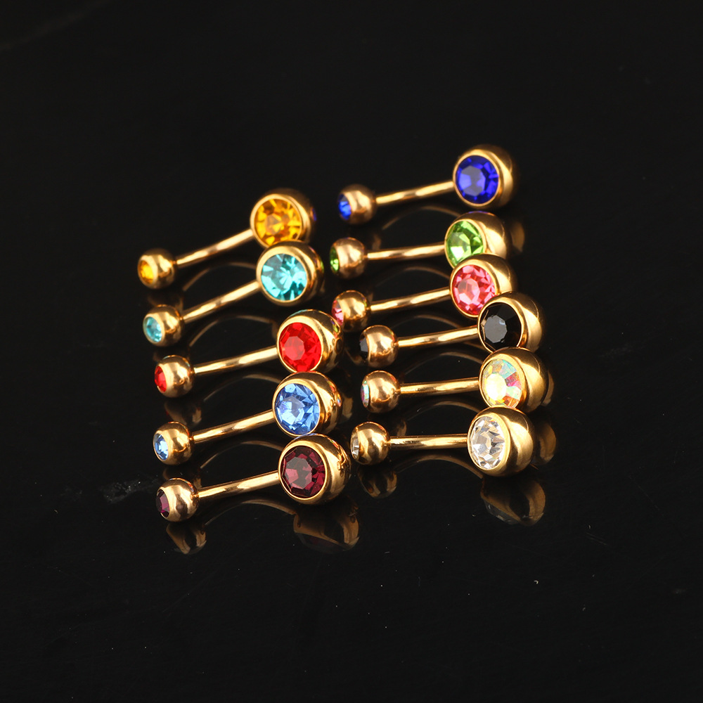 Rose Gold Double Diamond Belly Button Ring Stainless Steel Umbilical Piercing Jewelry - Image 2