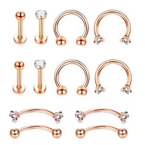 12-Piece Stainless Steel Diamond Stud Earrings Nose Lip Tongue Piercing Jewelry Set