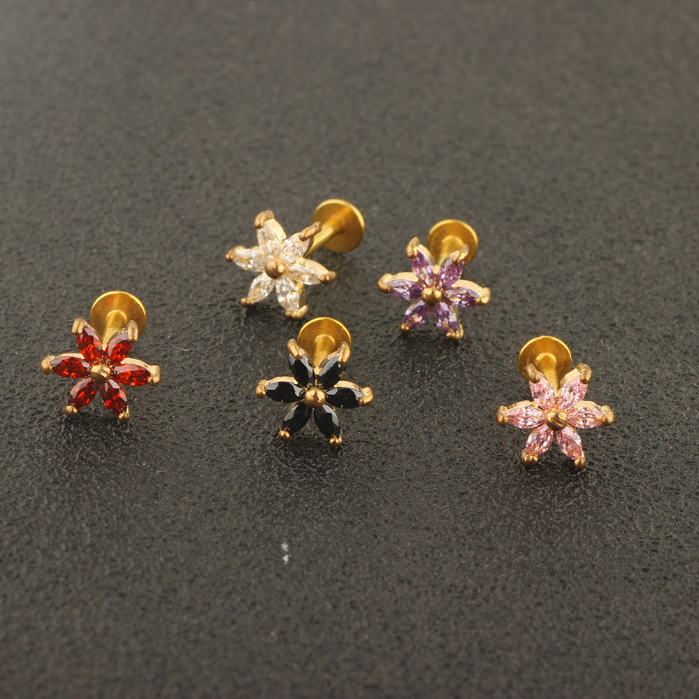 Women's Korean CZ Small Flower Stud Earrings Non Allergic Ear Bone Stud Lip Stud Lip Ring - Image 5