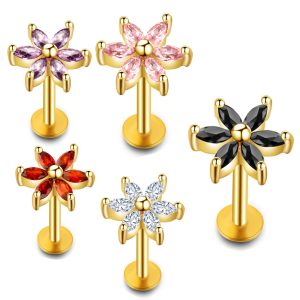 Women's Korean CZ Small Flower Stud Earrings Non Allergic Ear Bone Stud Lip Stud Lip Ring