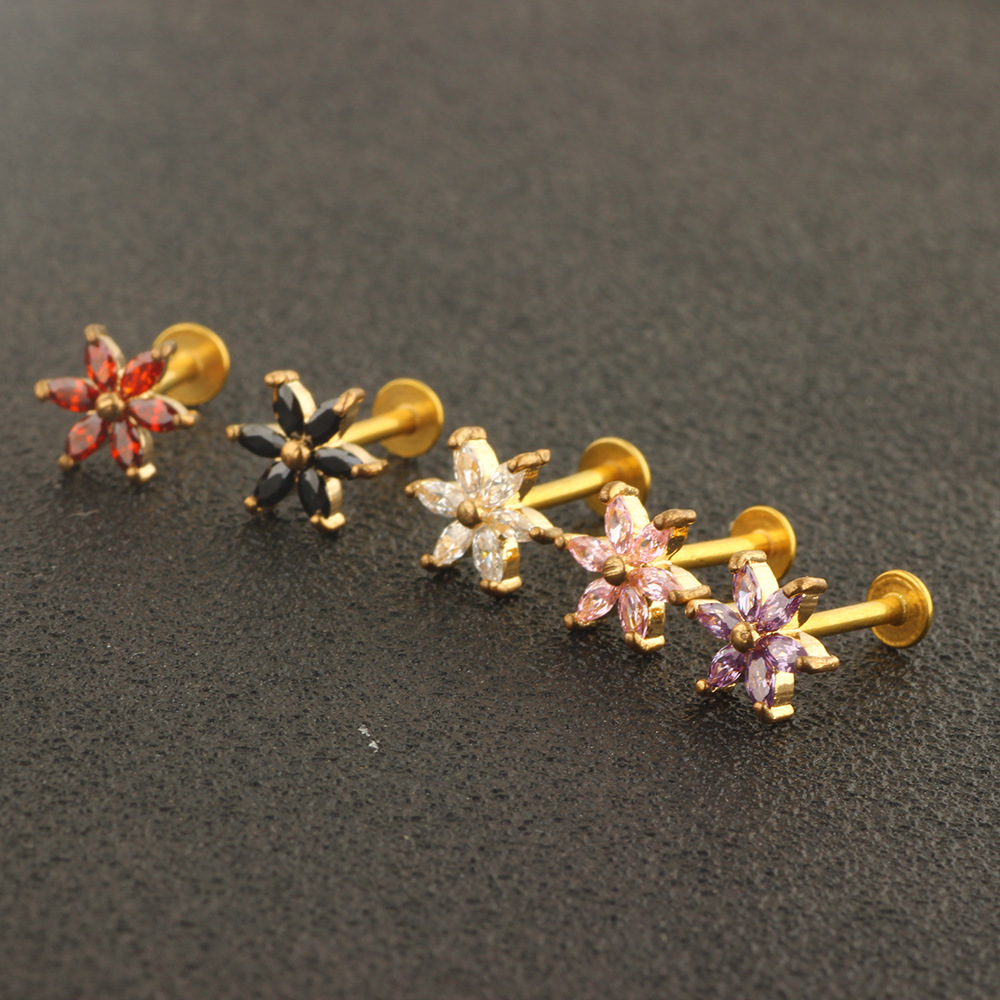 Women's Korean CZ Small Flower Stud Earrings Non Allergic Ear Bone Stud Lip Stud Lip Ring - Image 3