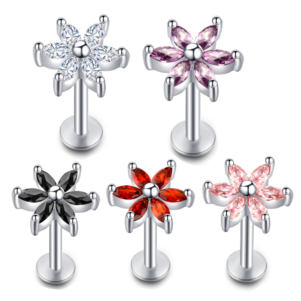 Women's Korean CZ Small Flower Stud Earrings Non Allergic Ear Bone Stud Lip Stud Lip Ring - Image 2