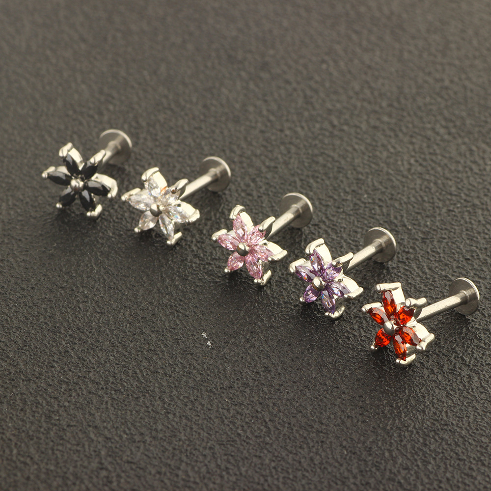 Women's Korean CZ Small Flower Stud Earrings Non Allergic Ear Bone Stud Lip Stud Lip Ring - Image 4