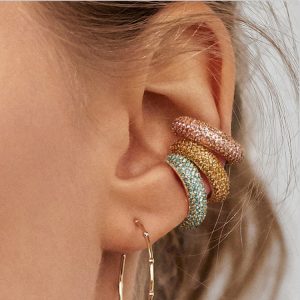 C-Shaped Alloy Ear Clip with Colored Diamond - No Piercing Required, Silver & Yellow CZ