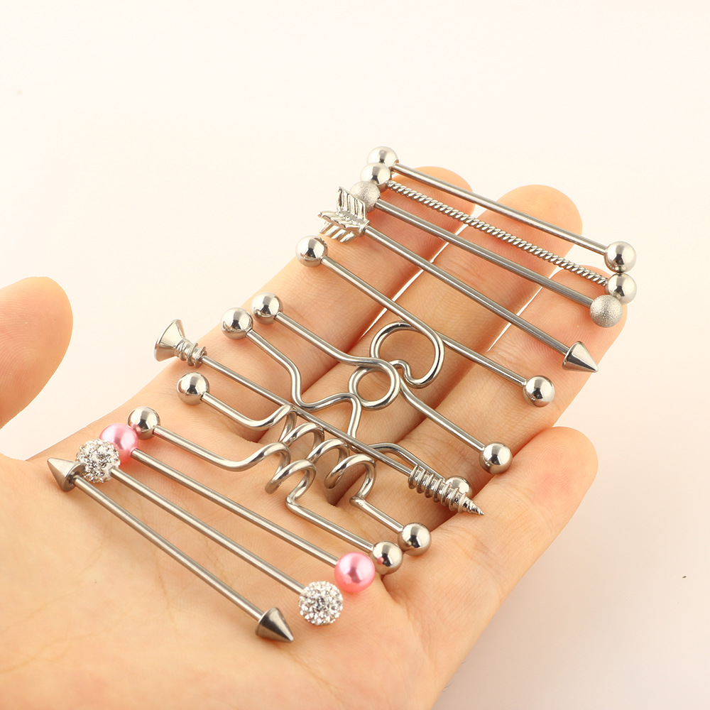 13 Pcs Industrial Barbell Crossbar Earring Set - 316L Surgical Steel Ear Piercing Jewelry - Image 2