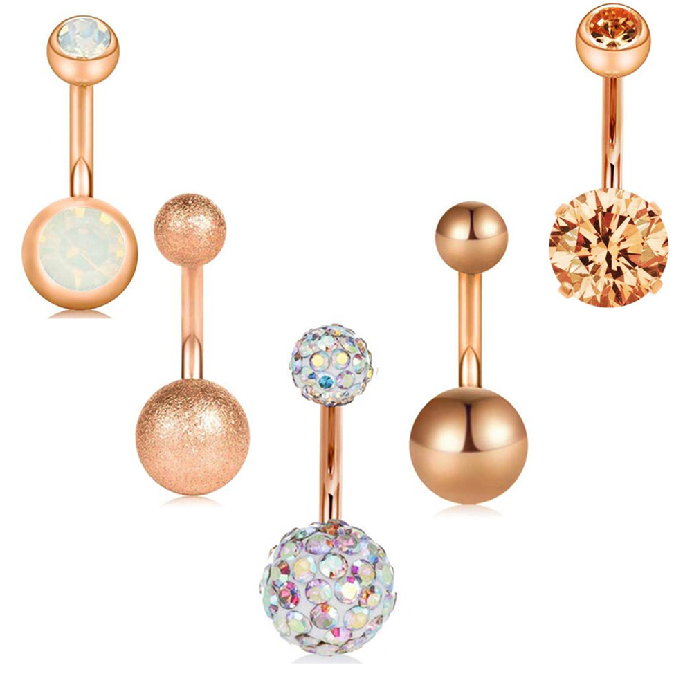 5-Piece Rose Gold Stainless Steel Belly Button Ring Set - Navel Piercing Jewelry with Dangle - Image 3