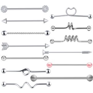 13 Pcs Industrial Barbell Crossbar Earring Set - 316L Surgical Steel Ear Piercing Jewelry