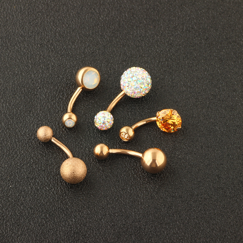 5-Piece Rose Gold Stainless Steel Belly Button Ring Set - Navel Piercing Jewelry with Dangle - Image 2