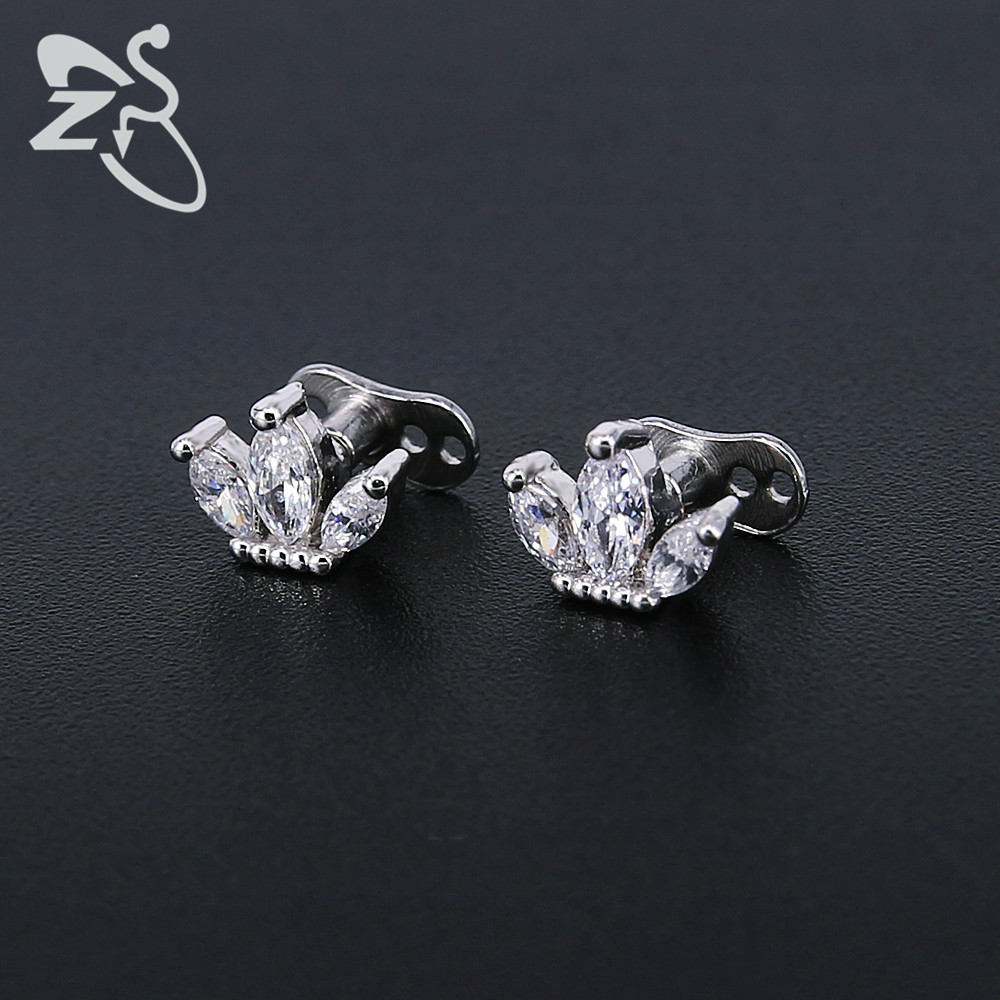 European American Titanium Steel Buried Nail Earrings CZ Rhinestone Three-Petal Lotus Labret Stud Body Piercing Jewelry - Image 2