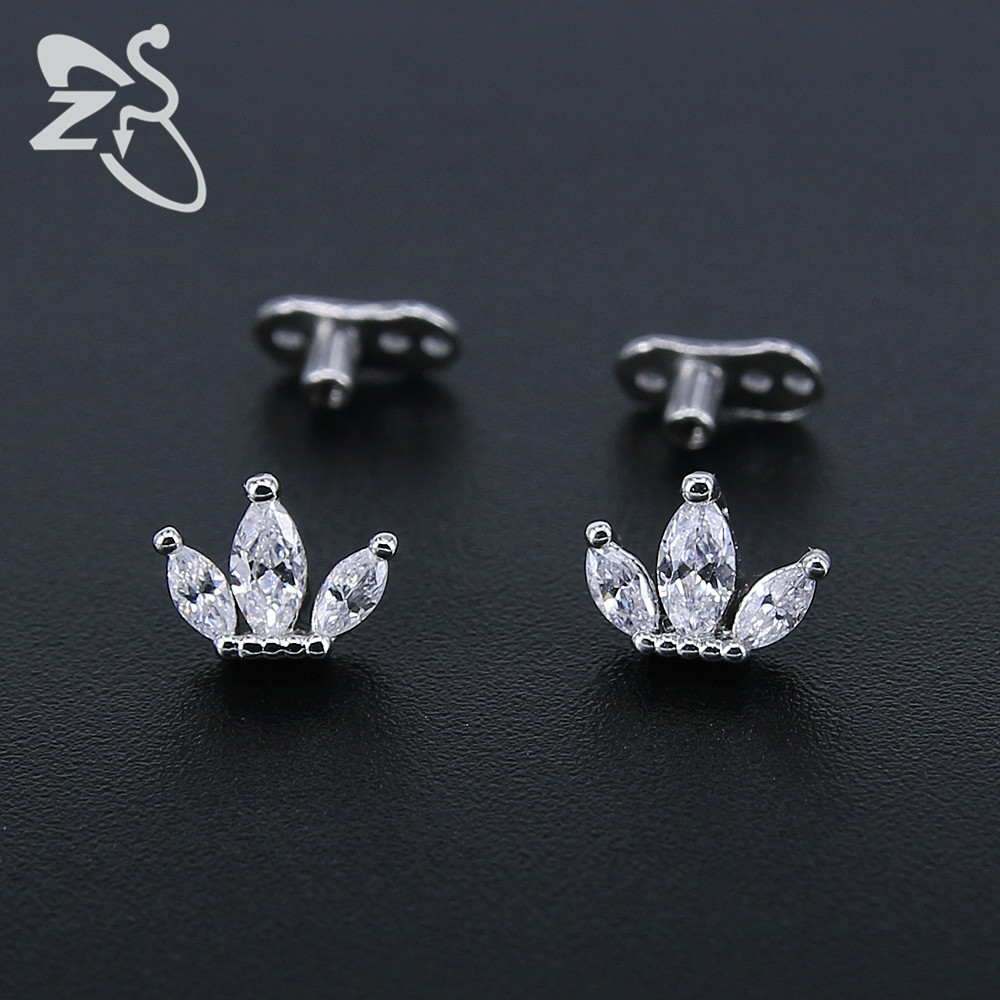 European American Titanium Steel Buried Nail Earrings CZ Rhinestone Three-Petal Lotus Labret Stud Body Piercing Jewelry - Image 4