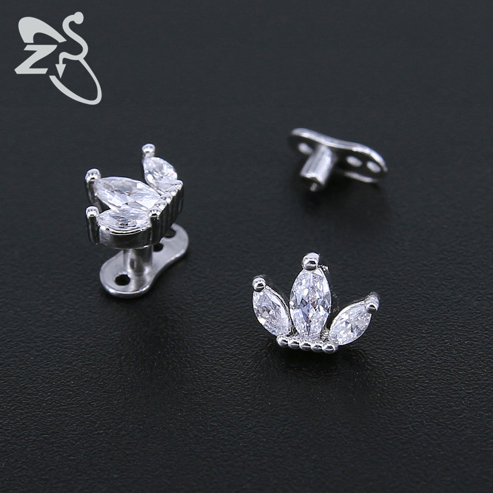 European American Titanium Steel Buried Nail Earrings CZ Rhinestone Three-Petal Lotus Labret Stud Body Piercing Jewelry - Image 3