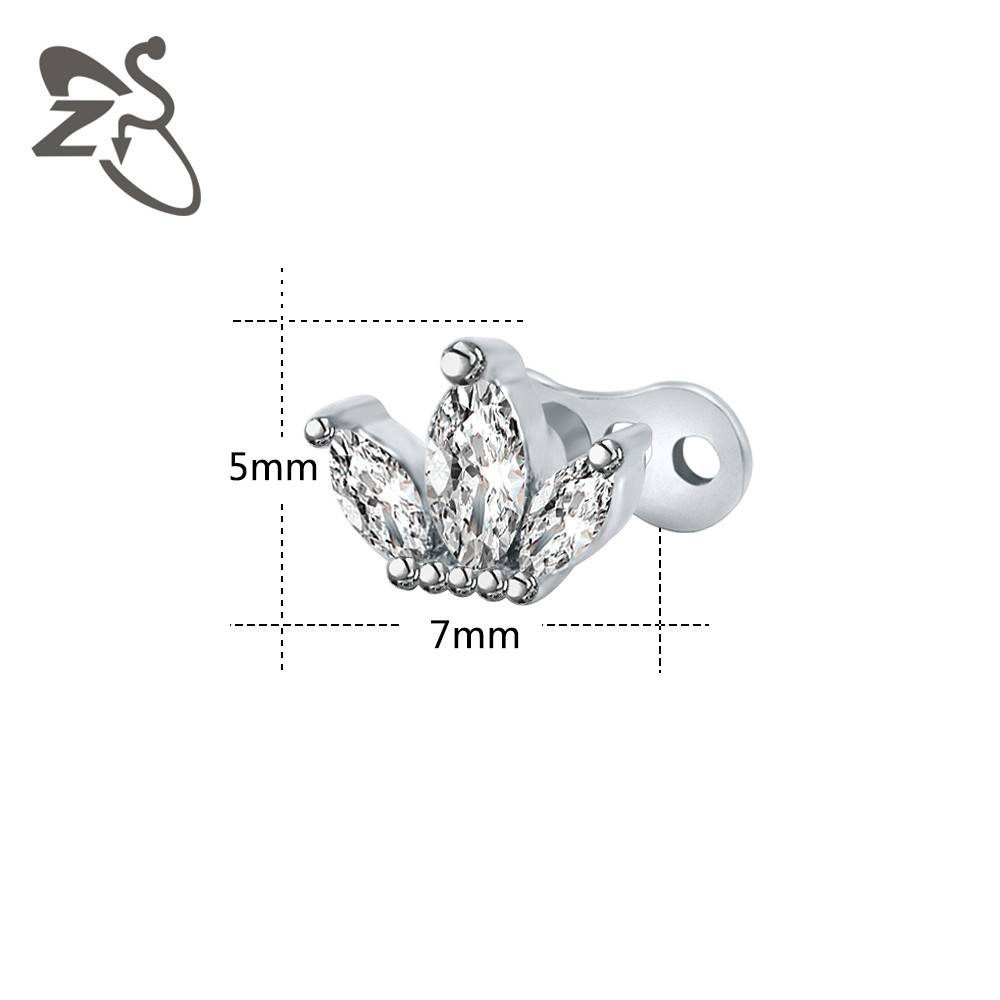 European American Titanium Steel Buried Nail Earrings CZ Rhinestone Three-Petal Lotus Labret Stud Body Piercing Jewelry - Image 5