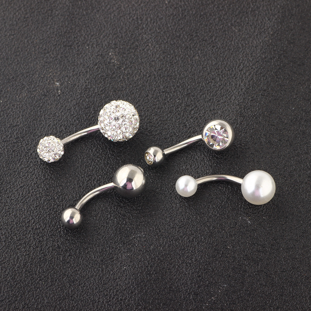 Stainless Steel Pearl Navel Ring Set 4pcs Belly Button Piercing Jewelry Dangle Curved Barbell - Image 3