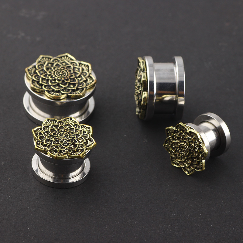 Stainless Steel Bronze Flower Ear Expander Body Piercing Jewelry Set - 5mm Gauge - Image 4