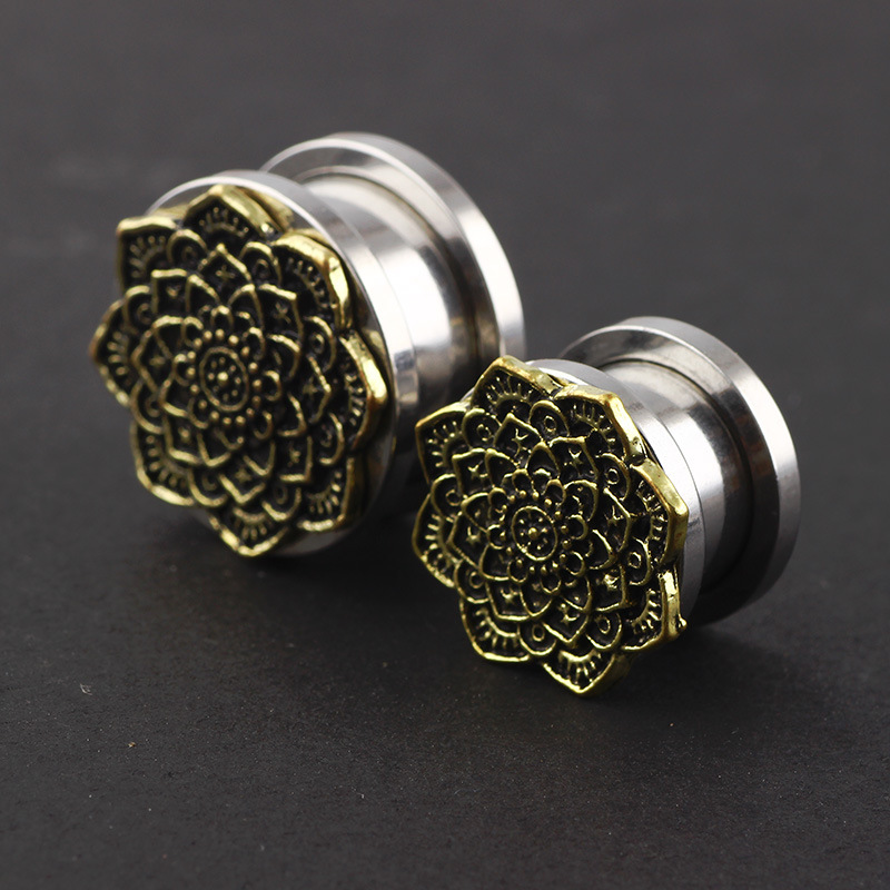 Stainless Steel Bronze Flower Ear Expander Body Piercing Jewelry Set - 5mm Gauge - Image 3