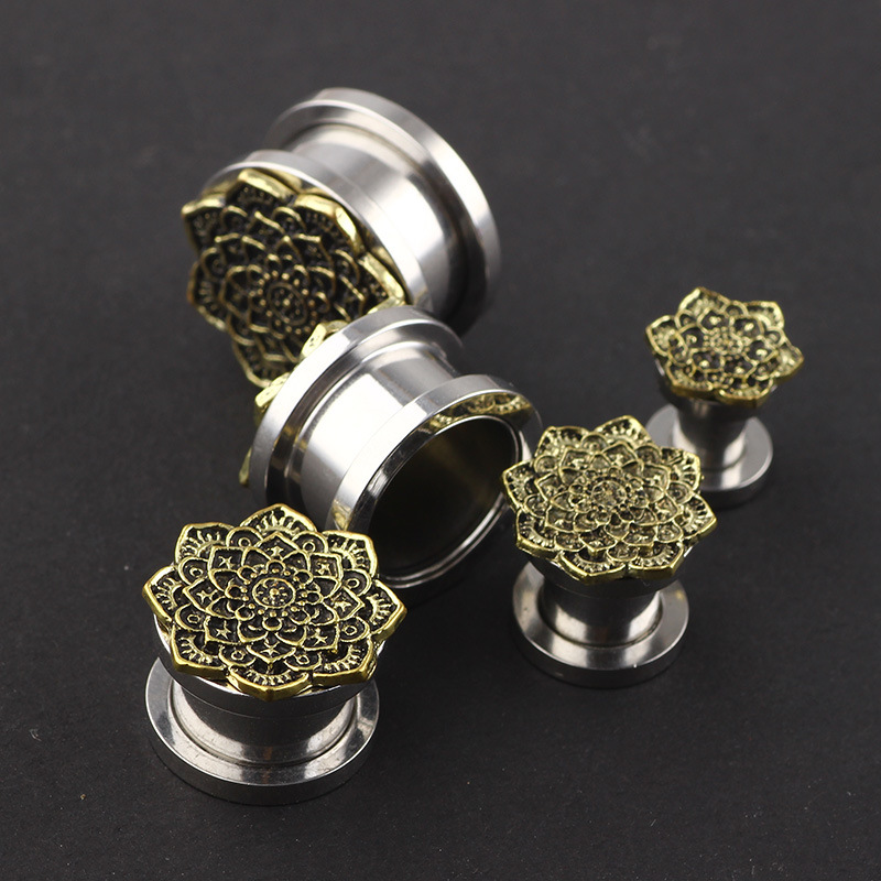 Stainless Steel Bronze Flower Ear Expander Body Piercing Jewelry Set - 5mm Gauge - Image 5