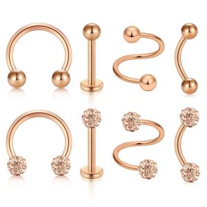 8-Piece Stainless Steel Lip Nails Eyebrow Nails Nose Nails Belly Button Ring Piercing Jewelry Set Rose Gold