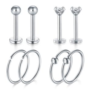 8-Piece 18G 16G Piercing Jewelry Set Stainless Steel Flower Earrings Nose Rings - Cartoon Style