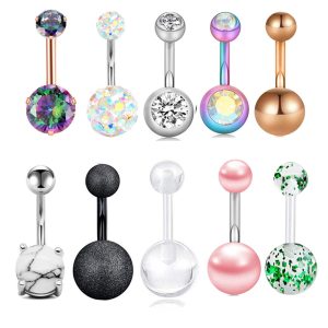 10 Pcs Navel Ring Set with Zircon Belly Button Piercing Jewelry Stainless Steel Flower Design
