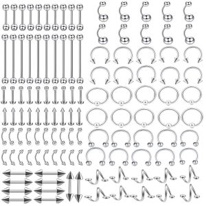 120 Pcs Tongue Lip Nose Eyebrow Navel Ring Mixed Set Stainless Steel Piercing Jewelry Wholesale
