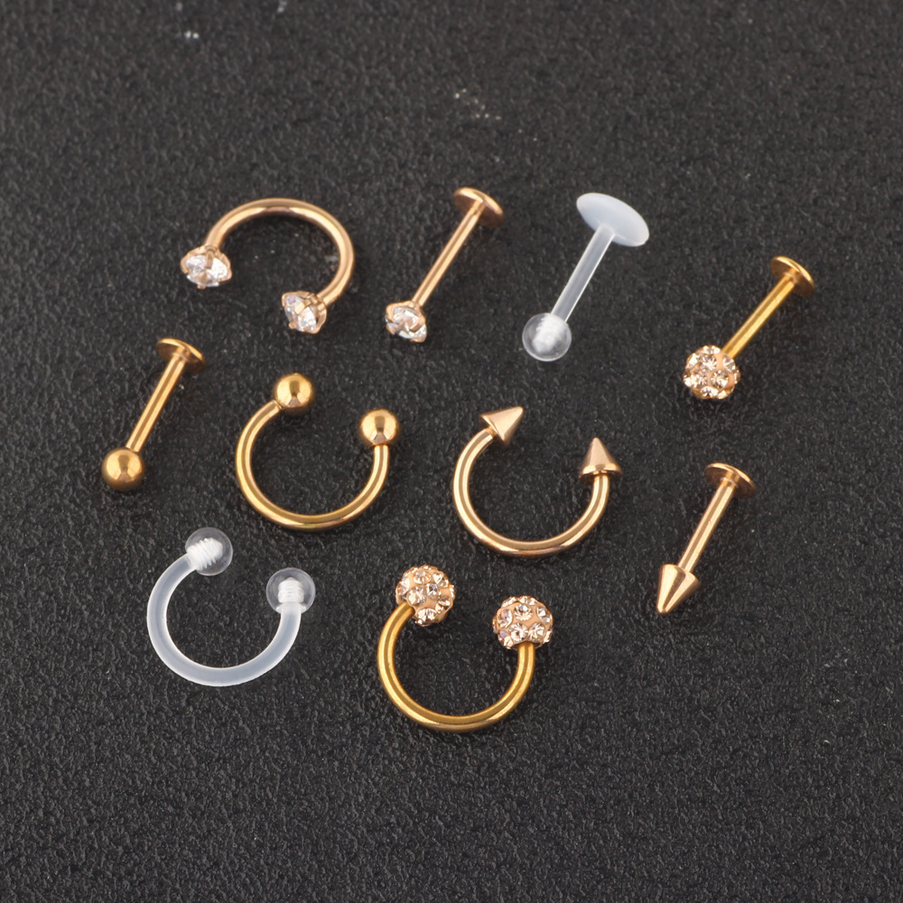 10Pcs Body Piercing Jewelry Set - Rose Gold Stainless Steel Nose Studs Earrings Cartilage Studs Floral Design - Image 2