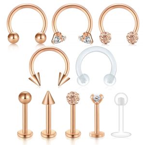 10Pcs Body Piercing Jewelry Set - Rose Gold Stainless Steel Nose Studs Earrings Cartilage Studs Floral Design