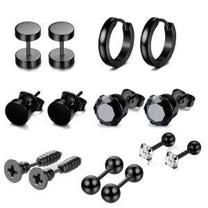 Amazon Hot Sale New Round Men's Earring Set Stainless Steel Earrings Wholesale 8mm Black 14-Piece Set