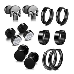 Amazon Hot Sale Mixed Earrings Set - Titanium Steel Stud Earrings for Men - Punk Style Duck Motif - 8mm Black 12pcs
