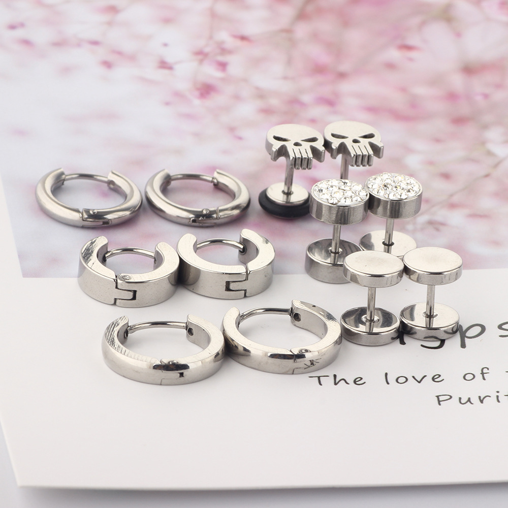 Amazon Hot Sale Mixed Earrings Set - Titanium Steel Stud Earrings for Men - Punk Style Duck Motif - 8mm Black 12pcs - Image 5