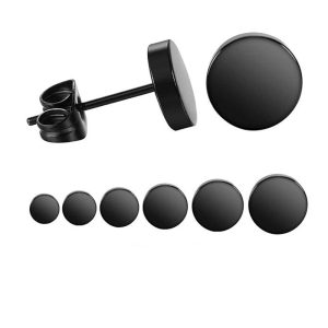Men's Titanium Steel Flat Round Pie Earrings Black 10mm Cartilage Stud Earring