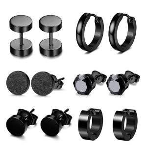 8mm Mixed Black Titanium Steel Ear Studs Set - 12 Pieces Fashion Floral Women Earrings 2023 Spring
