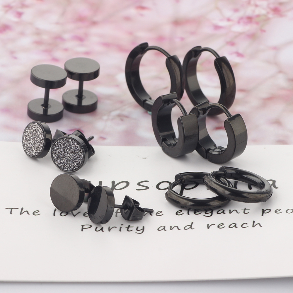 Men's Stainless Steel Earring Set with Dragon and Phoenix Design - 8mm Black 12-Piece Wholesale Ear Jewelry - Image 5