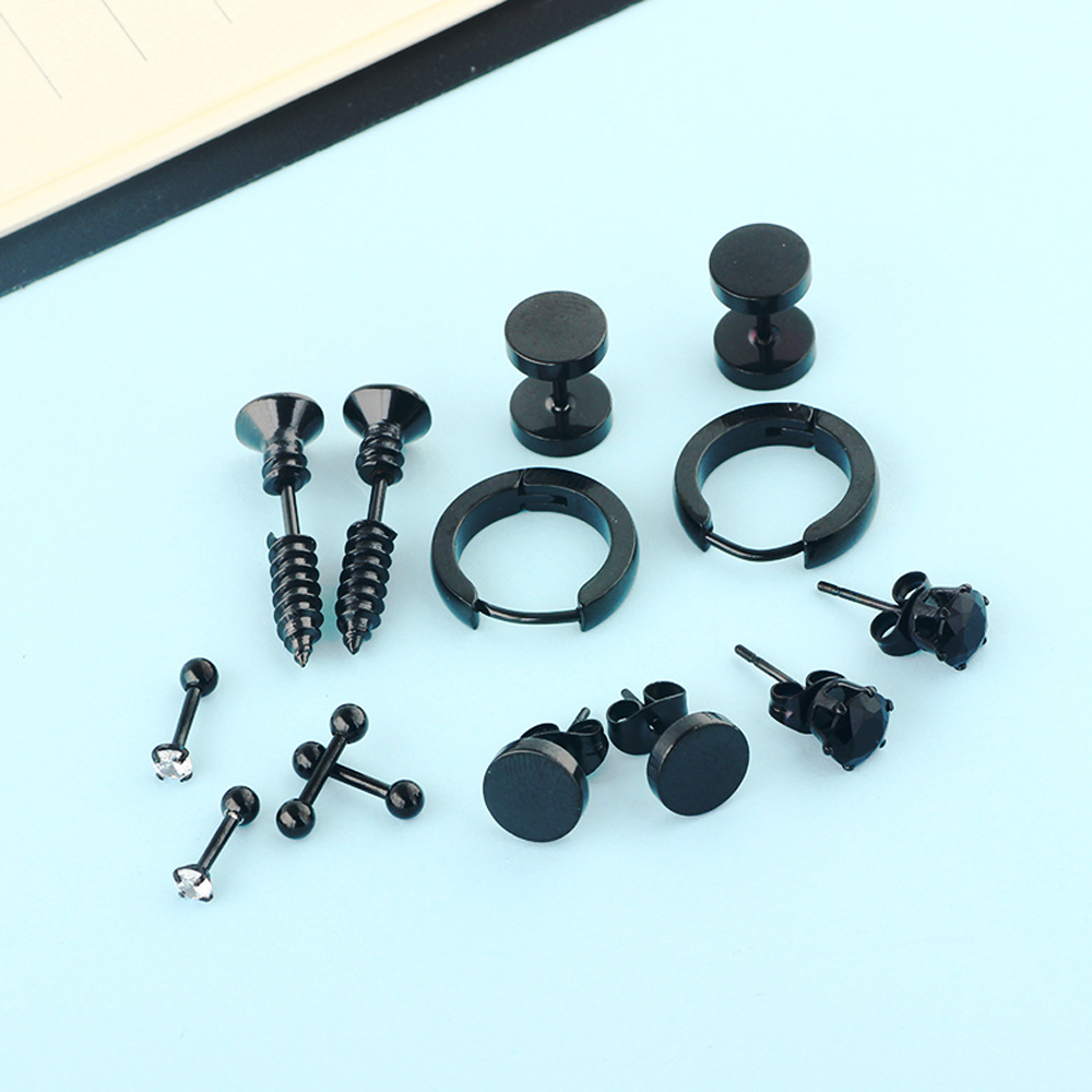 Amazon Hot Sale New Round Men's Earring Set Stainless Steel Earrings Wholesale 8mm Black 14-Piece Set - Image 5