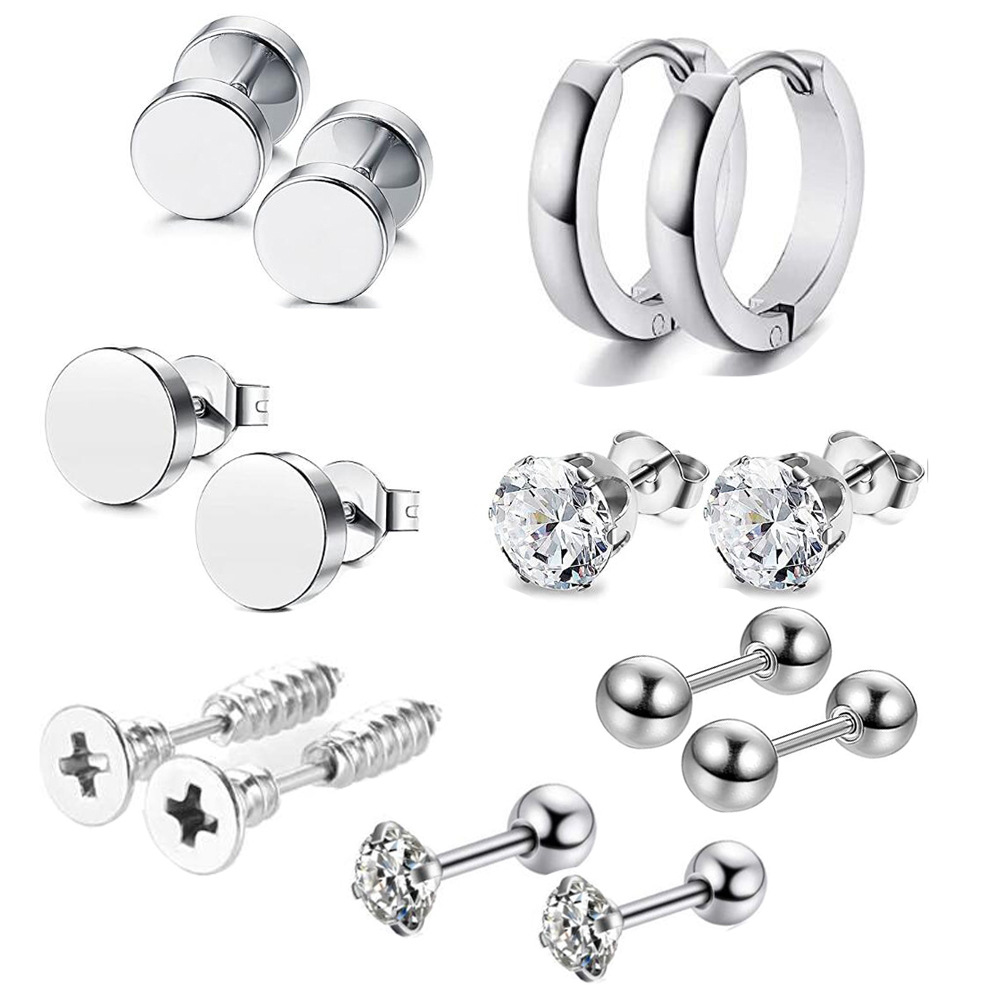 Amazon Hot Sale New Round Men's Earring Set Stainless Steel Earrings Wholesale 8mm Black 14-Piece Set - Image 2